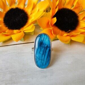 New Large Bold Ring Silver Tone w/Blue Swirl Stoned HYPOALLERGENIC Size 8